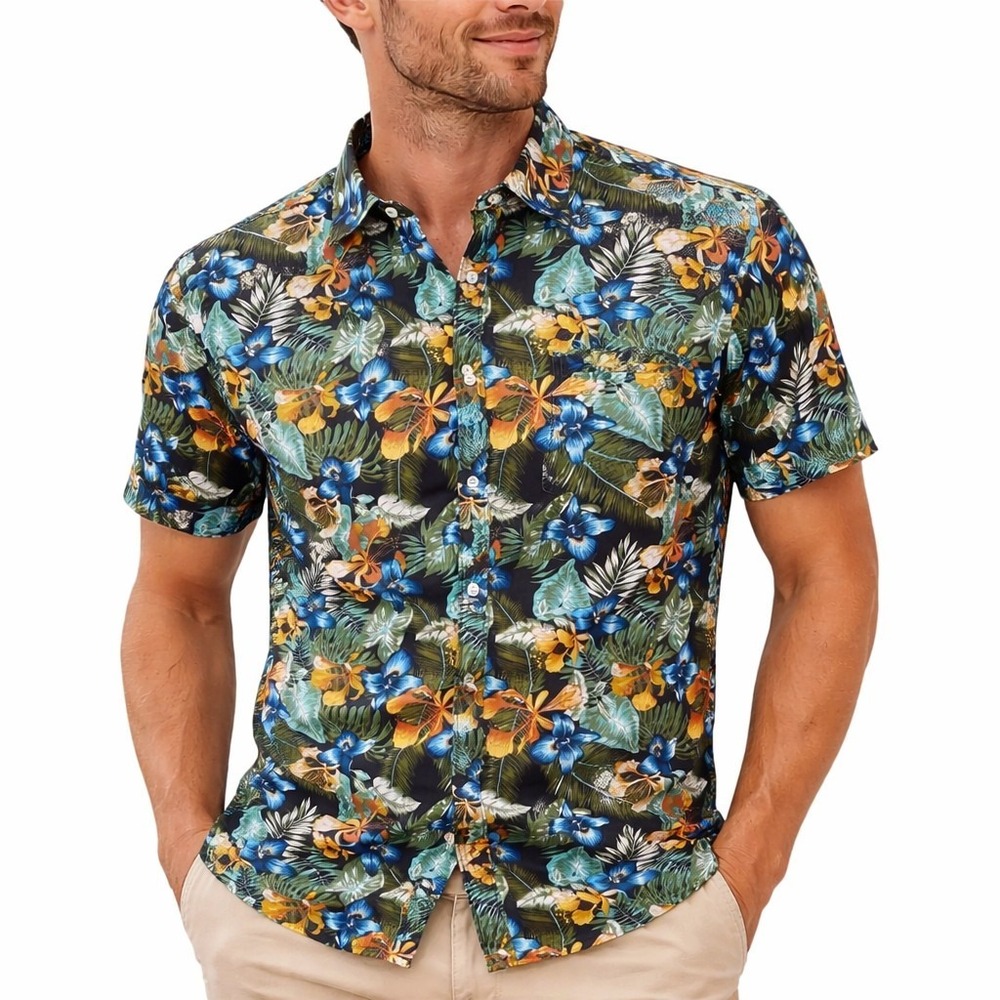 Denim & Flower Hawaiian Aloha Shirt Small Ricky Singh Tropical Floral Slim Fit